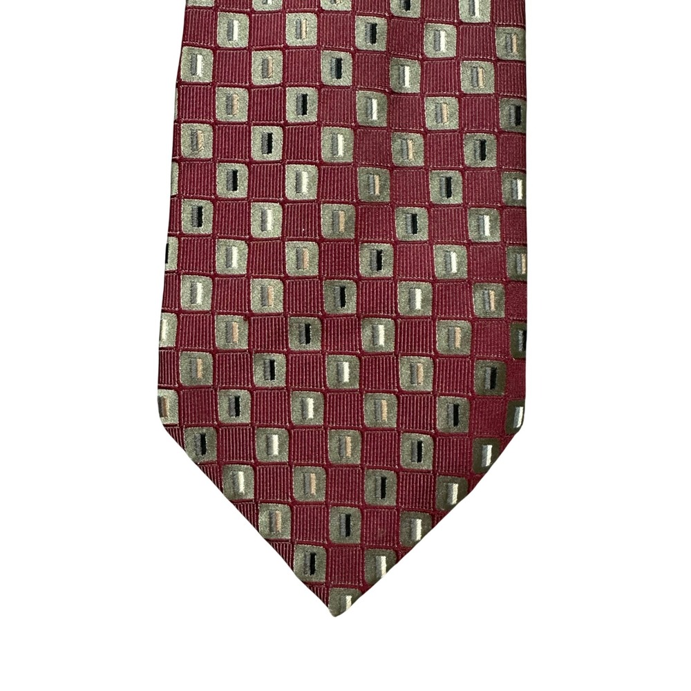 Valerio Garati Mens Silk Tie Burgundy Red Green Geometric Square Handmade